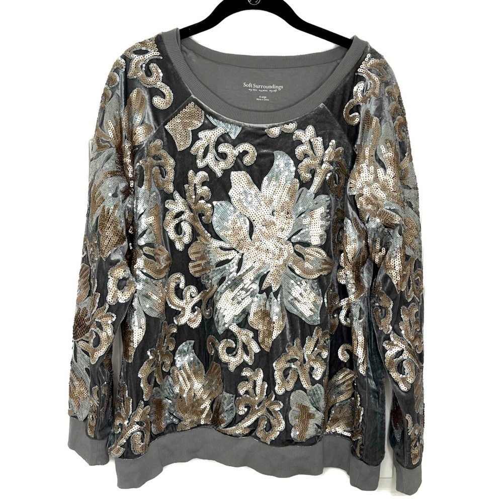 Soft Surroundings Glistening Sequin & Velour Jersey Knit Lined Sweatshirt Sz XL